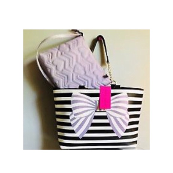 Betsey Johnson Handbags - Betsey Johnson Bow Tote Black /White Strip